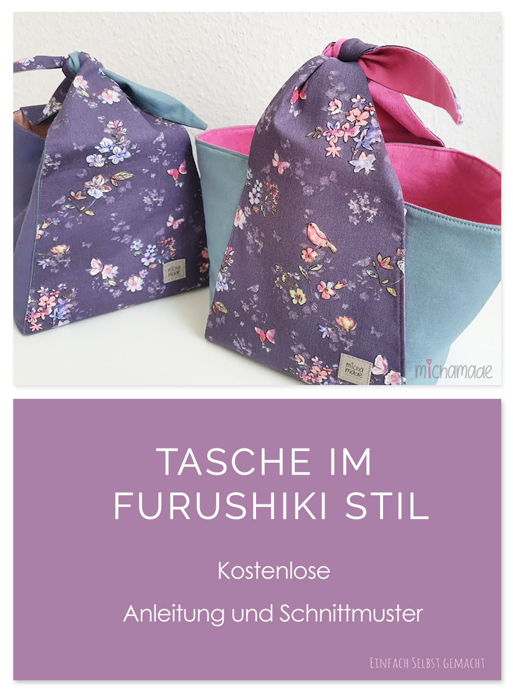 Japanisches Furoshiki-Geschenktuch-Set – Kimono-Design, Violett, Groß & Klein, 100% Polyester