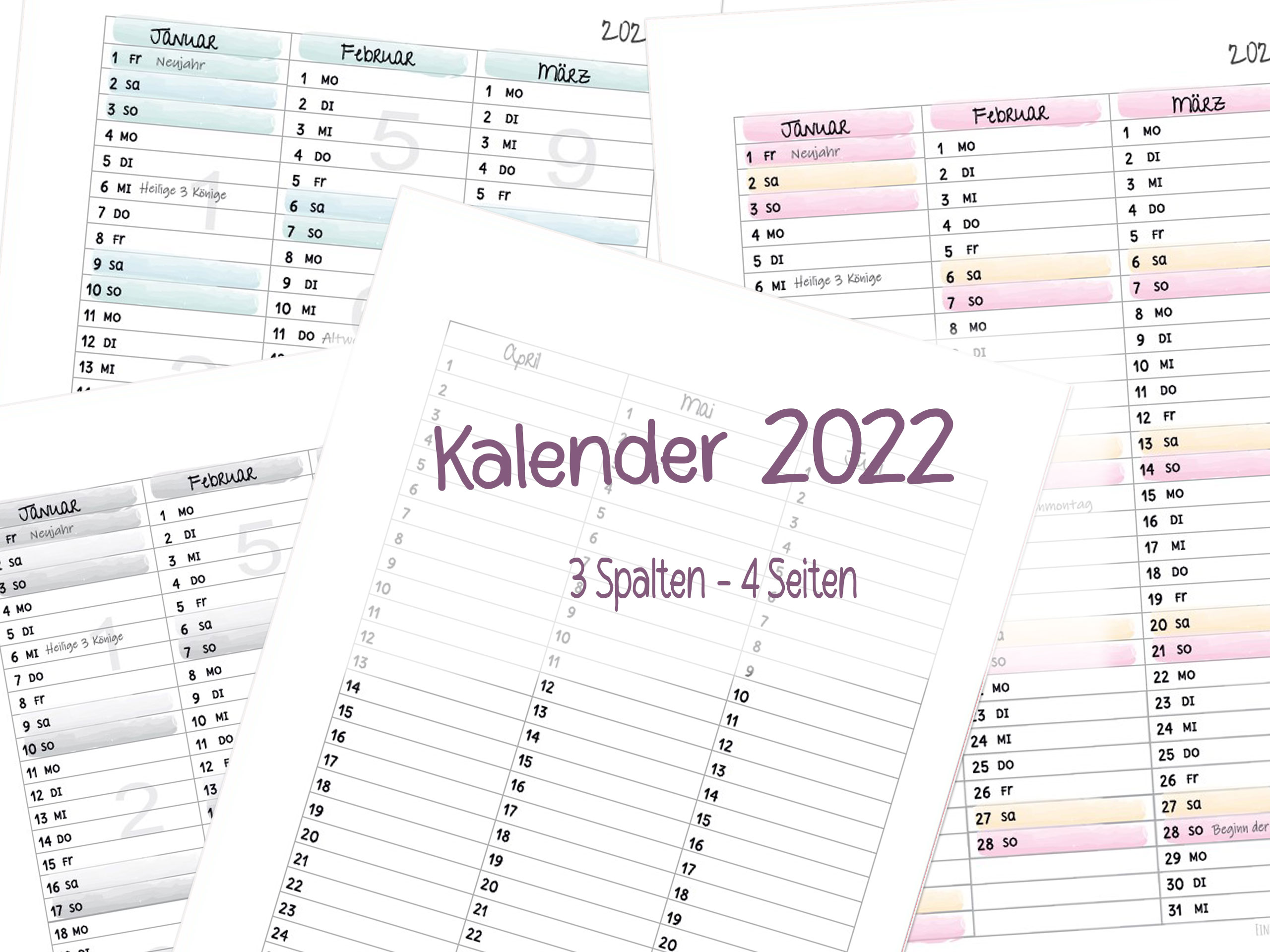 Kalender 2022 – 3 Spalten – 4 Seiten