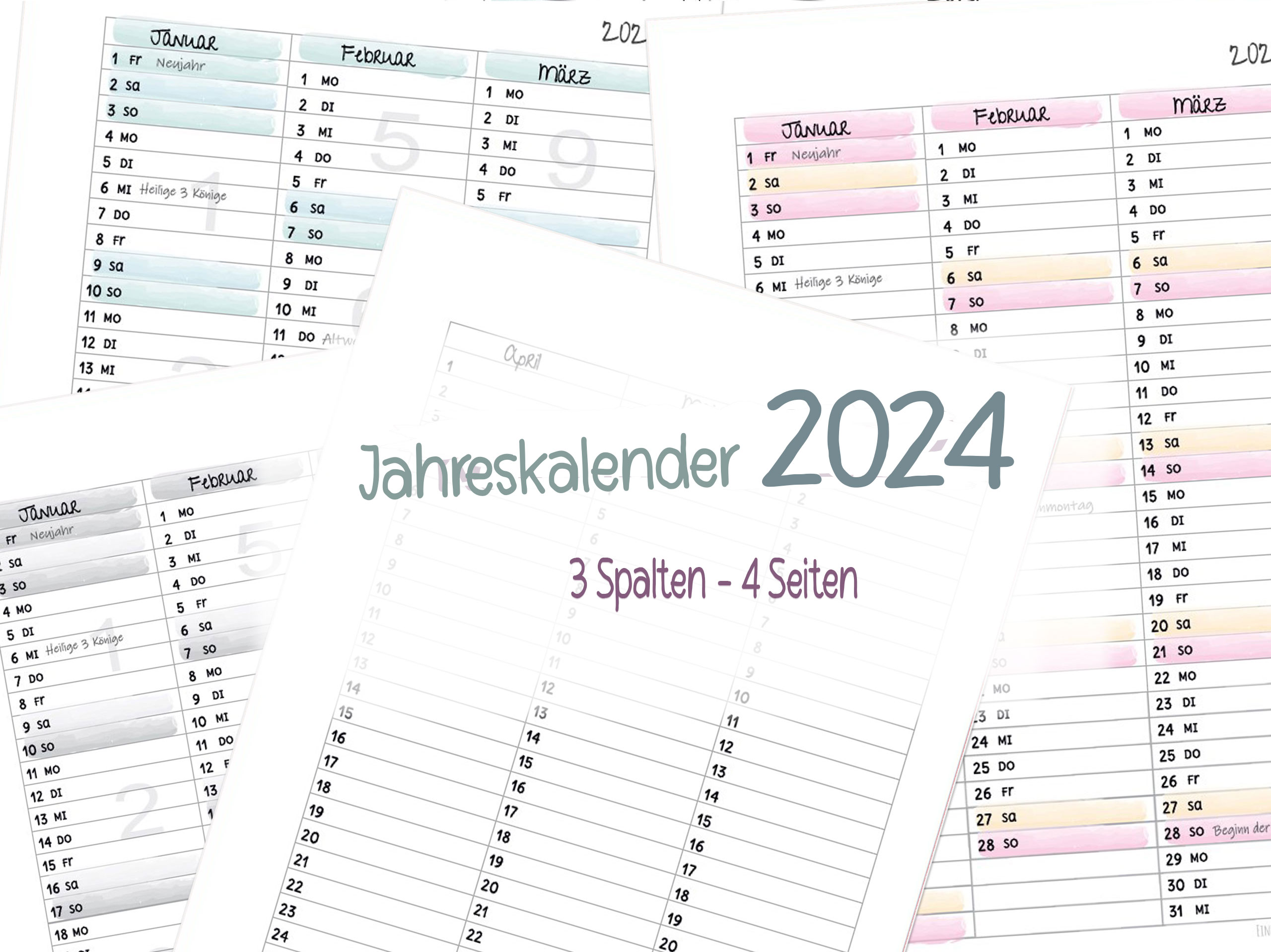2024 Jahreskalender – 3 Spalten