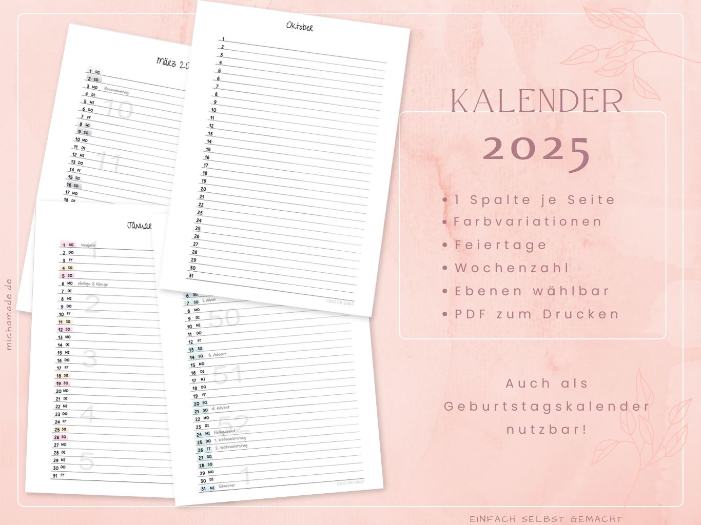 2025 Kalender 1 Spalte