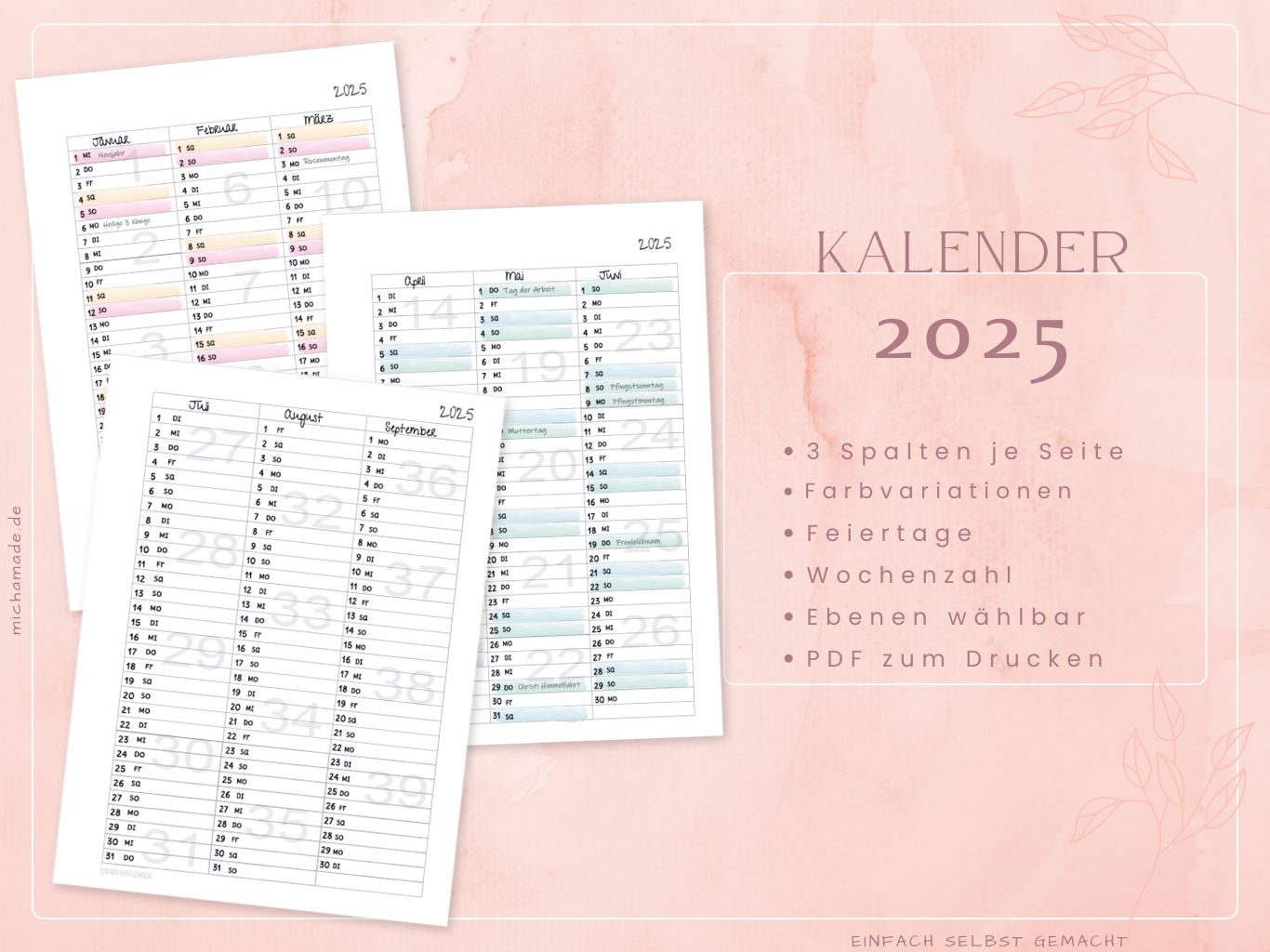 2025 Kalender 3 Spalten