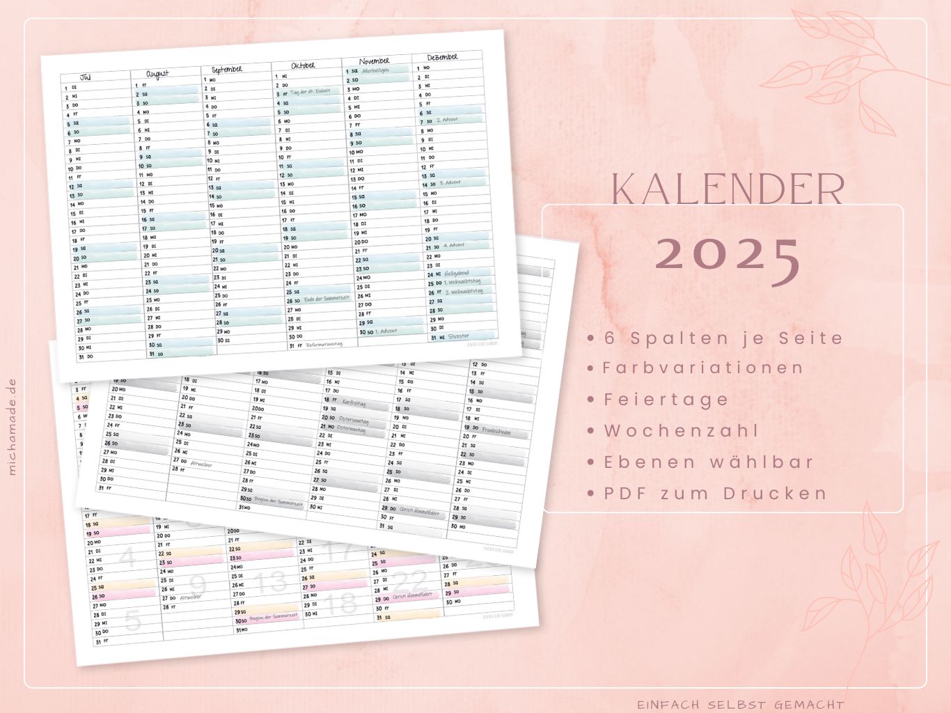 2025 Kalender 6 Spalten