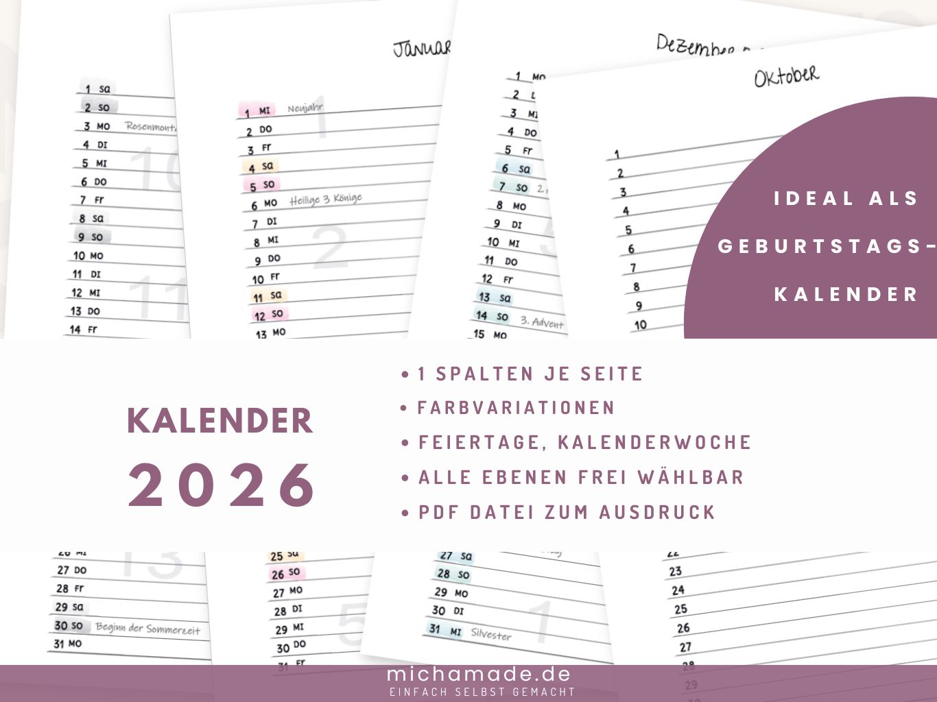 2026 – Jahreskalender – 1 Spalte