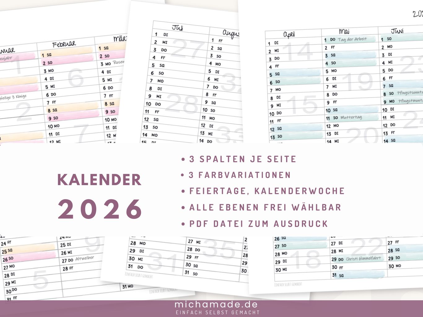 2026 – Jahreskalender – 3 Spalten