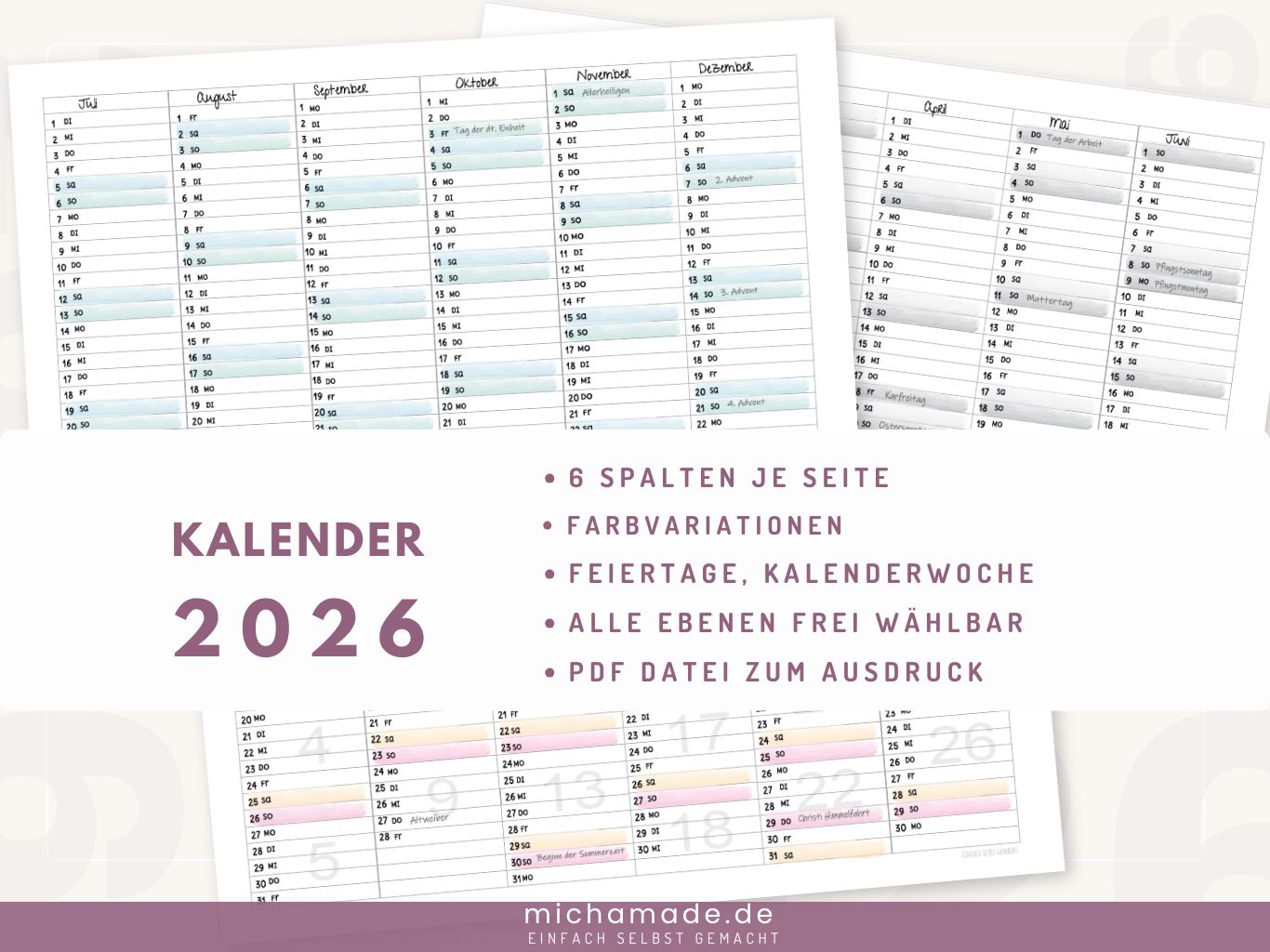 2026 – Jahreskalender – 6 Spalten